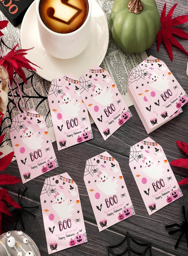 وولاين مجموعة هدايا ورقية من والين، ١٠٠ قطعة، بتصميم هالوين، لون وردي، على شكل شبح يقطينة، مع حبل، بطاقات تعريفية مخيفة لتزيين حفلات الهالوين. - Image 5